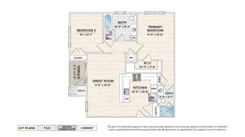 Floor plan for 2 beds, 2 baths, 1016 sqft